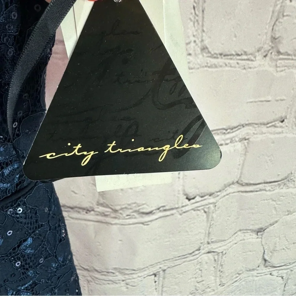 NWT formal dress navy city triangles sz 3 layered lace overlay